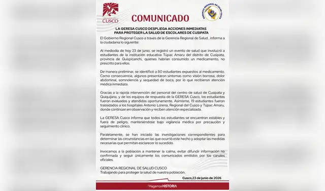 Comunicado del GORE Cusco.  