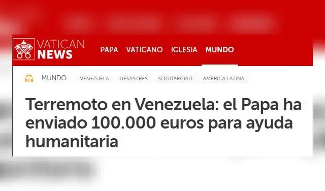 El papa León XIV envía 100.000 euros de ayuda de emergencia a Venezuela. Fuente: Vatican News.  