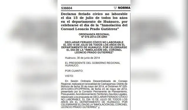 Ordenanza N.° 078-2014-CR-GRH. Fuente: El Peruano.  
