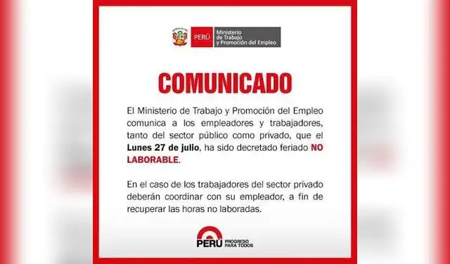A través del Decreto Supremo n° 075-2026-PCM, el Gobierno estableció que este lunes 27 de julio sea declarado como día no laborable compensable para los trabajadores del sector público. Foto: Difusión. A través del Decreto Supremo n° 075-2026-PCM, el Gobierno estableció que este lunes 27 de julio sea declarado como día no laborable compensable para los trabajadores del sector público. Foto: Difusión.