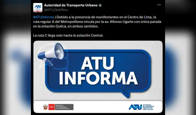 A través de su cuenta oficial, la entidad precisó que los desvíos fueron implementados durante la tarde para garantizar la continuidad del servicio y la seguridad de los usuarios. Foto: X ATU