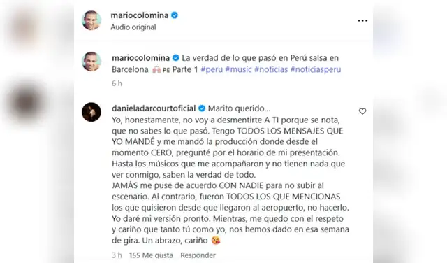 Daniela Darcourt responde a influencer Mario Colomina.