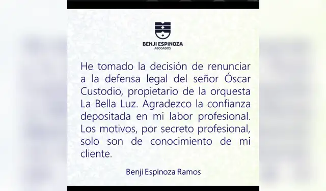 Benji Espinoza renuncia a defensa legal de Óscar Custodio