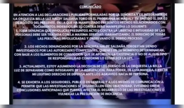 Comunicado de César Sánchez tras ser denunciado por Naldy Saldaña.