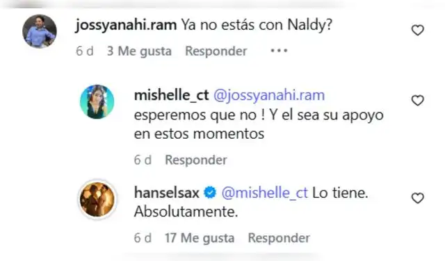 Hansel Bernuy no respondió si aún está con Naldy Saldaña. Hansel Bernuy no respondió si aún está con Naldy Saldaña.