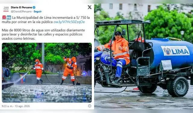 La Municipalidad de Lima modificará la ordenanza para elevar la multa por orinar en la vía pública. La comuna también informó cuánto agua utiliza diariamente para limpiar más de 120 puntos críticos. Foto: Composición EP. La Municipalidad de Lima modificará la ordenanza para elevar la multa por orinar en la vía pública. La comuna también informó cuánto agua utiliza diariamente para limpiar más de 120 puntos críticos. Foto: Composición EP.