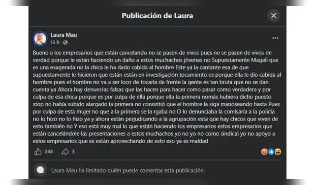 Mensaje de Laura Mau contra Naldy Saldaña. Mensaje de Laura Mau contra Naldy Saldaña.