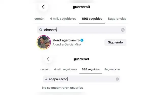 Evidencia de que Paolo Guerrero sigue a Alondra García Miró, pero no a Ana Paula Consorte.