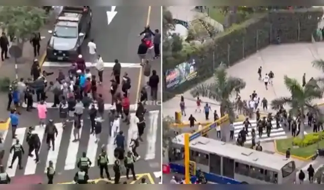 ¡ENFRENTAMIENTO EN PLENA AV. AREQUIPA! Policías y transportistas se enfrentan por carril del Corredor Azul: lanzaron PIEDRAS y PALOS. Foto: Difusión