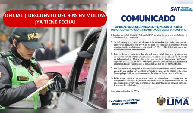El SAT de Lima confirmó que los ciudadanos podrán acceder a la rebaja del 90 % en el pago de papeletas de tránsito desde este sábado 5 de septiembre. El SAT de Lima confirmó que los ciudadanos podrán acceder a la rebaja del 90 % en el pago de papeletas de tránsito desde este sábado 5 de septiembre.