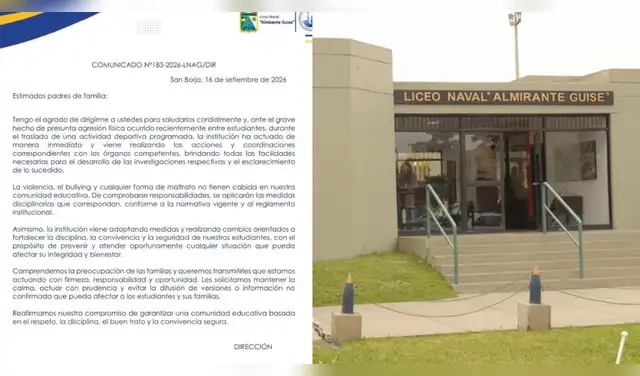 El Liceo Naval Almirante Guise de San Borja informó mediante un comunicado que coordina con las autoridades para esclarecer una presunta agresión ocurrida entre estudiantes.