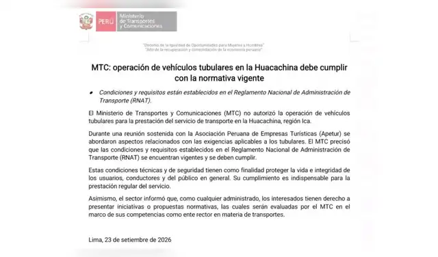 El MTC también indicó que las empresas y demás interesados pueden presentar propuestas o iniciativas para modificar las normas. Estas serán evaluadas por el sector dentro de sus competencias en materia de transporte.