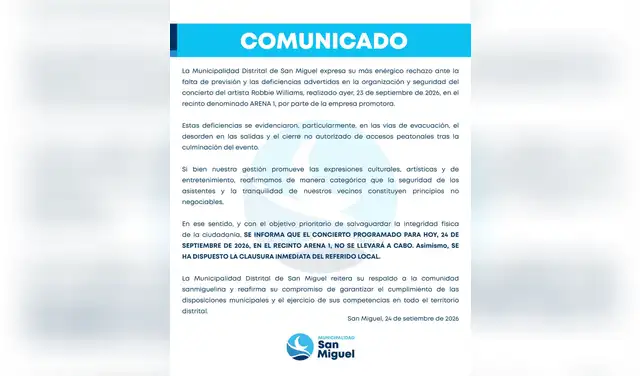 La Municipalidad de San Miguel cancela segundo show de Robbie Williams. La Municipalidad de San Miguel cancela segundo show de Robbie Williams.
