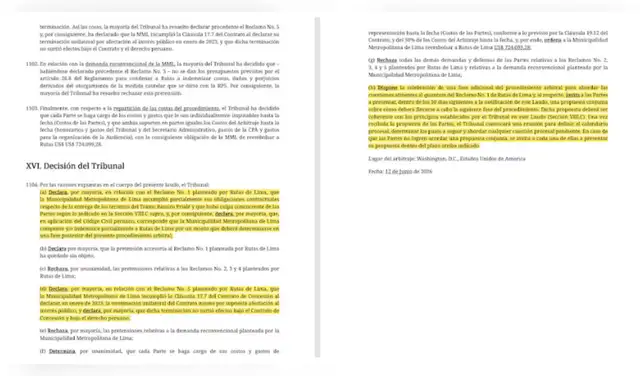 El laudo de un tribunal arbitral en Washington establece la resolución de las controversias contractuales entre la Municipalidad Metropolitana de Lima y Rutas de Lima.