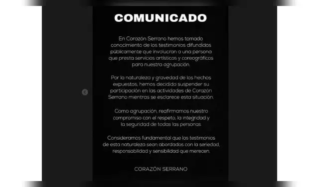 Comunicado de Corazón Serrano sobre Jeremy Iturri. Comunicado de Corazón Serrano sobre Jeremy Iturri.