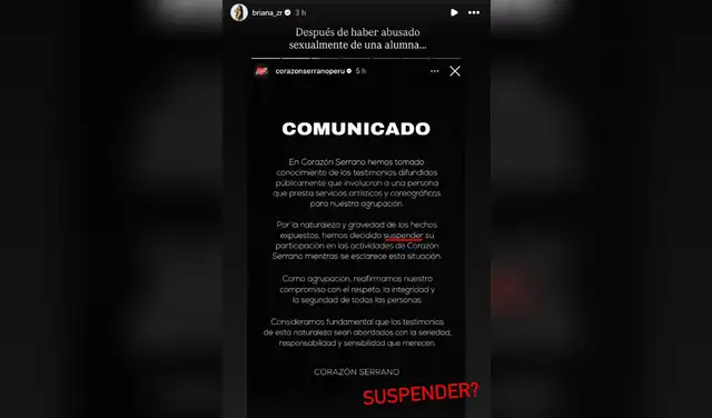 Comunicado de Briana Zúñiga sobre Corazón Serrano.