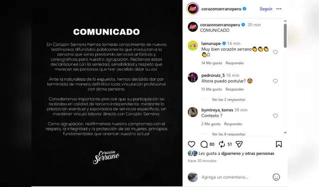 Comunicado de Corazón Serrano donde despiden a Jeremy Iturri.