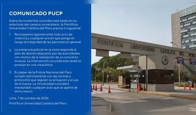 PUCP se pronuncia tras protesta: policía sacó su arma frente a estudiantes. Foto: Composición EP. PUCP se pronuncia tras protesta: policía sacó su arma frente a estudiantes. Foto: Composición EP.