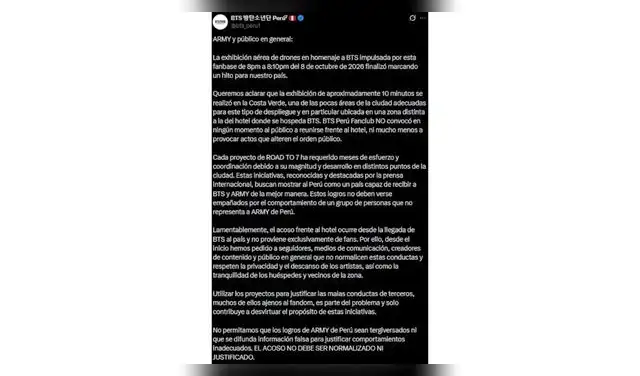 Comunicado del fanclub de BTS en Perú.