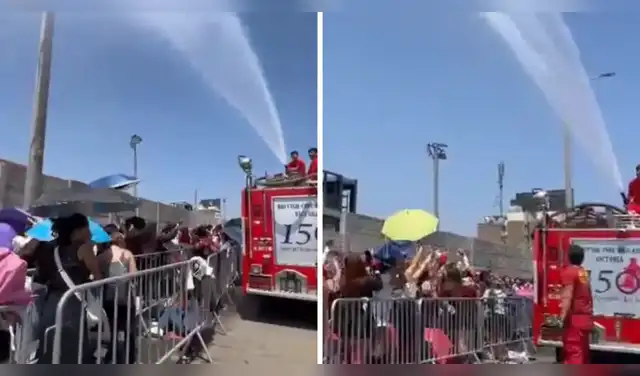 ¡LAS ARMY TERMINARON EMPAPADAS! Bomberos refrescan con agua a fans de BTS antes del último concierto en San Marcos.