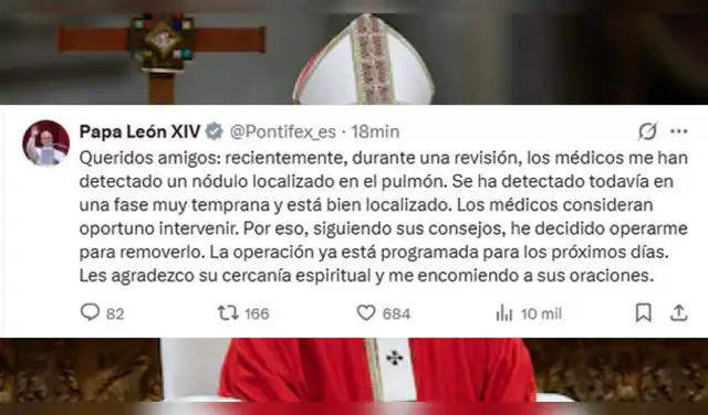 La Santa Sede prevé que permanezca hospitalizado alrededor de una semana tras la intervención. Foto: X.