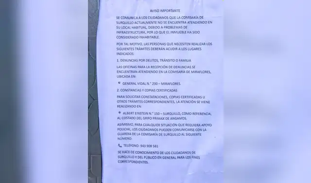 Comunicado pegado en la puerta del recinto policial en Surquillo.