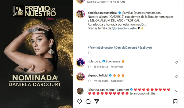 Daniela Darcourt nominada en los Premios Lo Nuestro.  