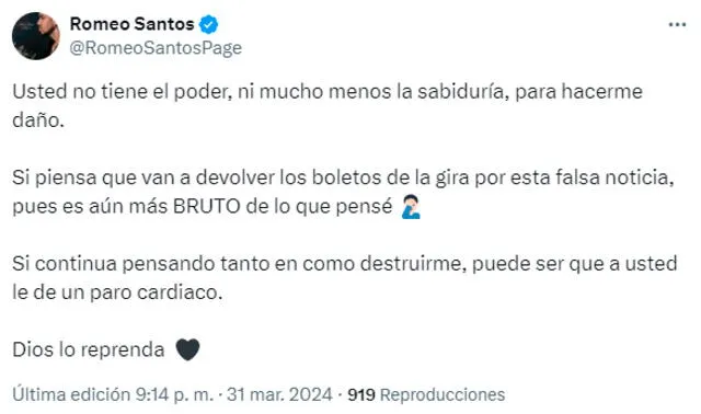 Romeo Santos se pronuncia en Twitter tras los rumores sobre su salud.