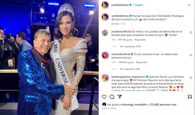 Osmel Sousa emocionado por el triunfo de Shaynnis Palacios, Miss Nicaragua.