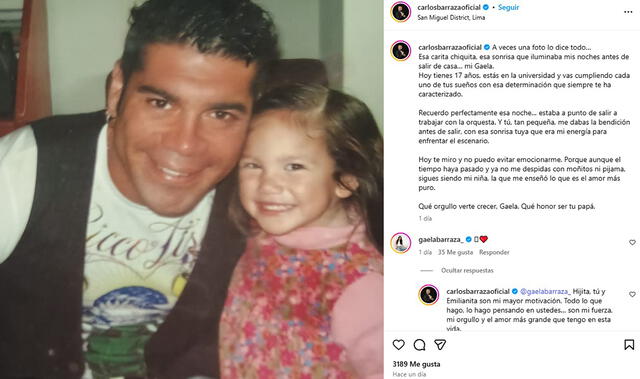 Carlos Barraza le dedicó un emotivo post a su hija Gaela. Carlos Barraza le dedicó un emotivo post a su hija Gaela.