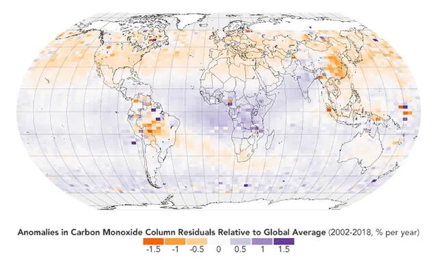 Niveles de monóxido de carbono en la Tierra, según Nasa. Crédito/FayerWayer.com.   