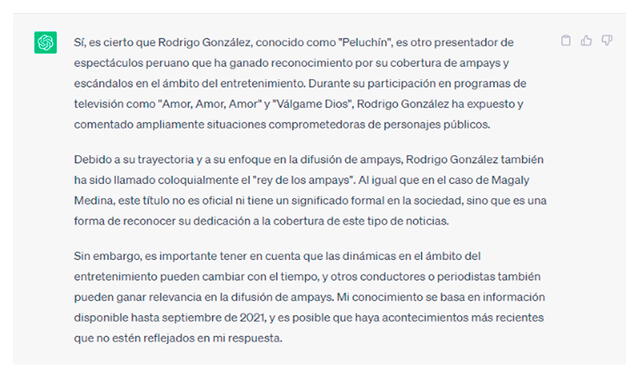  ChatGPT revela que el rey de los ampays es Rodrigo González. Foto: Captura ChatGPT   
