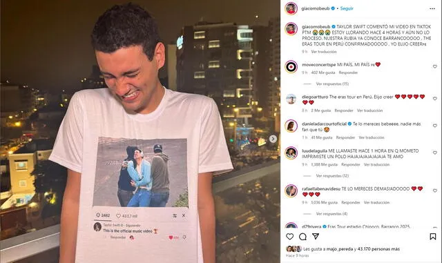 Giacomo Benavides reaccionó en Instagram por el comentario de Taylor Swift.