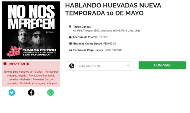 Página para compra de entradas de 'Hablando Huevadas'.