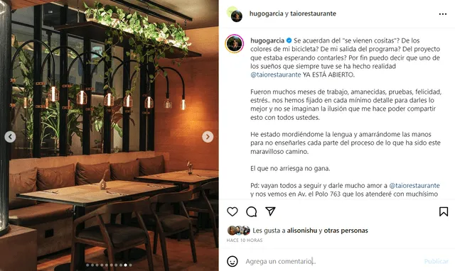 Post de Hugo García en Instagram (Captura hugogarcia)   