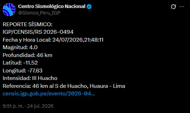 Sismo en Huacho de magnitud 4.0 este viernes 24 de julio.