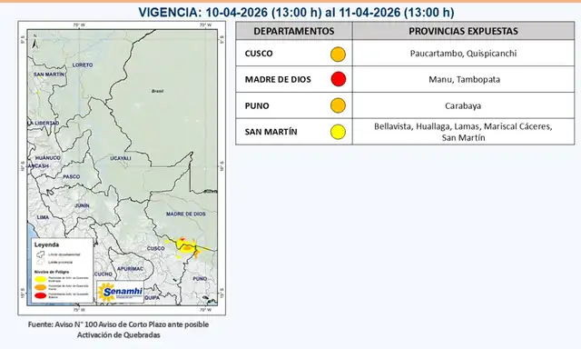 Aviso N° 100-2026 de Corto Plazo ante Posible Activación de Quebradas del INDECI.