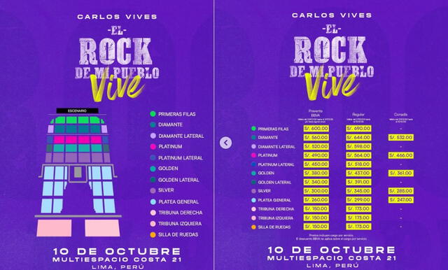 Carlos Vives en Lima: Zonas y precios para su concierto en Perú / Fuente: Teleticket Carlos Vives en Lima: Zonas y precios para su concierto en Perú / Fuente: Teleticket
