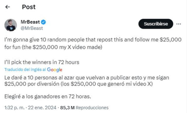 Mr Beast sortea 10 premios de 250 mil dólares: ¿Cómo y dónde participar?