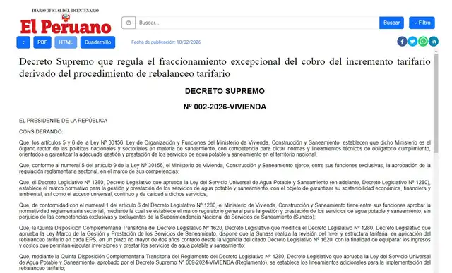 <strong> Decreto Supremo N.° 002-2026 autoriza el incremento del tarifario del agua</strong>   