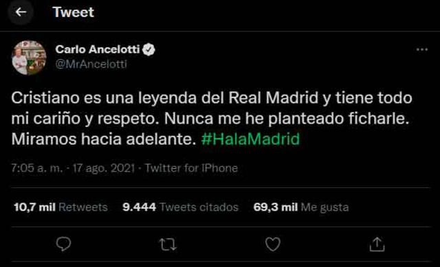 El mensaje de Carlo Ancelotti sobre Cristiano Ronaldo. | FUENTE: Twitter.   