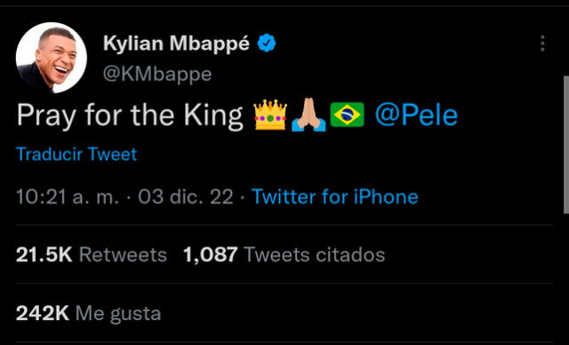 El mensaje de Mbappé por Pelé. / FUENTE: Twitter.   
