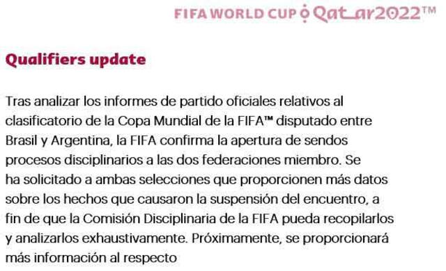 Comunicado oficial de la FIFA este martes 7 de septiembre. | FUENTE: Twitter.   