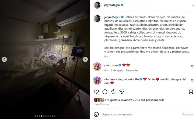 Jely Reátegui tuvo que ser internada tras sufrir un cuadro severo de dengue.