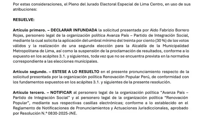Resolución del JEE sobre segunda vuelta entre Francis Allison y López Aliaga. Resolución del JEE sobre segunda vuelta entre Francis Allison y López Aliaga.