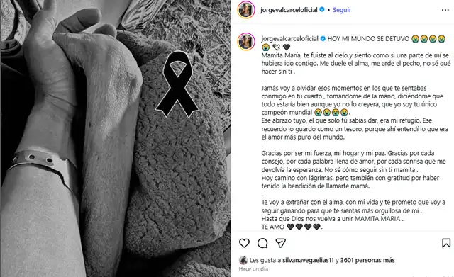 <em>Jorge Valcárcel anuncia la partida de su mamá. Captura: Instagram </em> <em>Jorge Valcárcel anuncia la partida de su mamá. Captura: Instagram </em>
