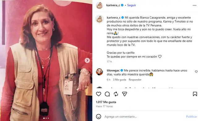 Karina Rivera despide con conmovedor mensaje de Bianca Casagrande.