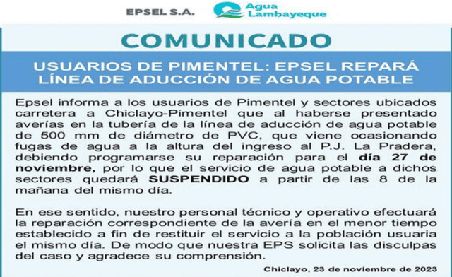 EPSEL anuncia corte de agua en Chiclayo por 4 días