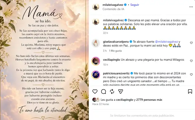 Milagros Leiva se despide de su progenitora.