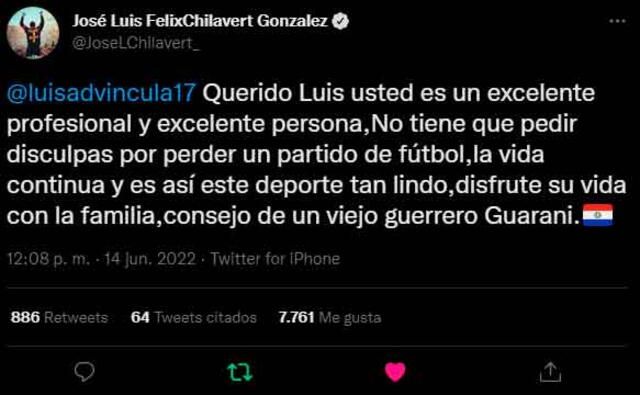 José Luis Chilavert le envió un mensaje a Luis Advíncula. / FUENTE: Twitter.   